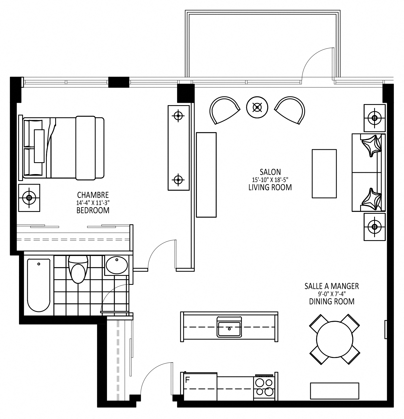 Floor plan for 1 bed, 1 bath, 790 sqft